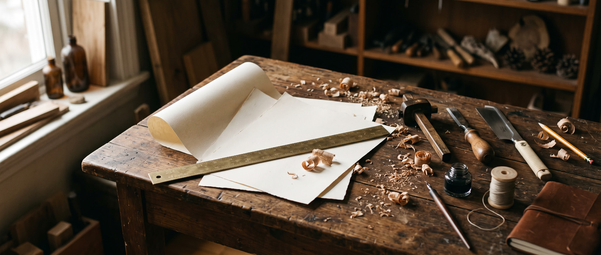 Bancada de marcenaria com papel artesanal, régua de latão e ferramentas
