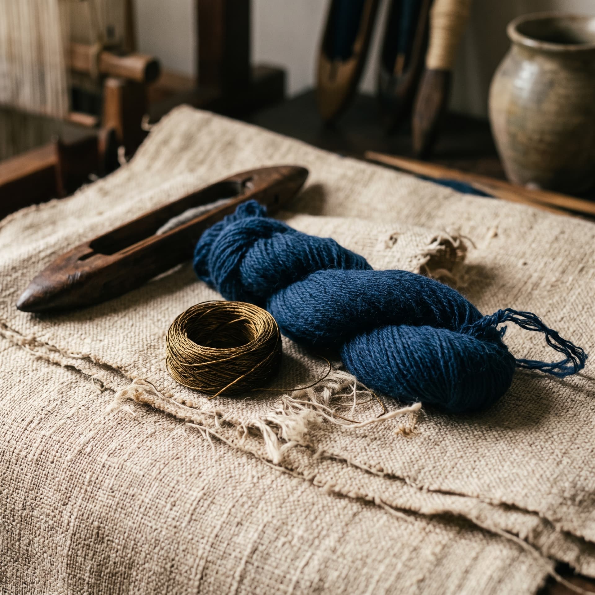 Fio azul e novelo dourado sobre tecido de linho artesanal