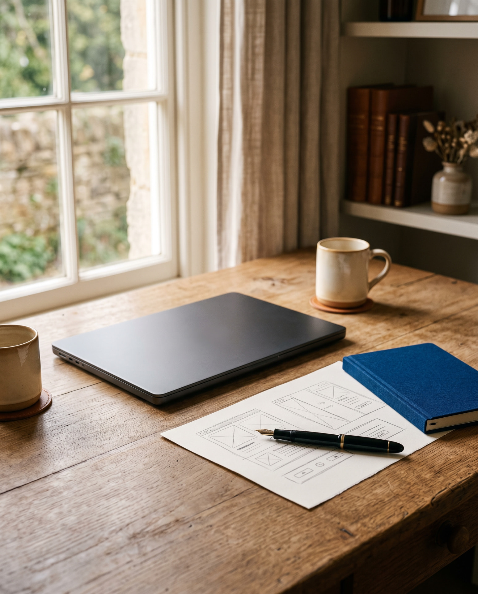 Mesa de trabalho com laptop, wireframes desenhados a mao e caderno azul